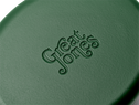 Enameled cast-iron Dutch oven in broccoli green - logo close-up