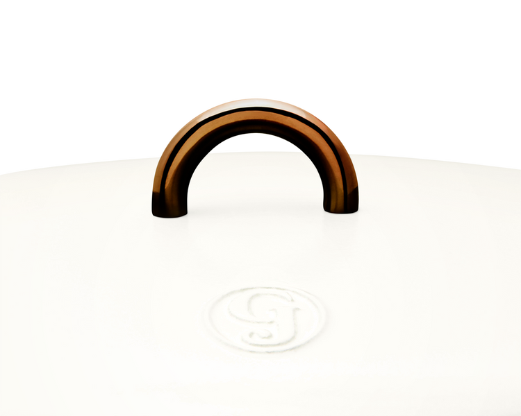 Enameled cast-iron Dutch oven in salt white - lid handle close-up