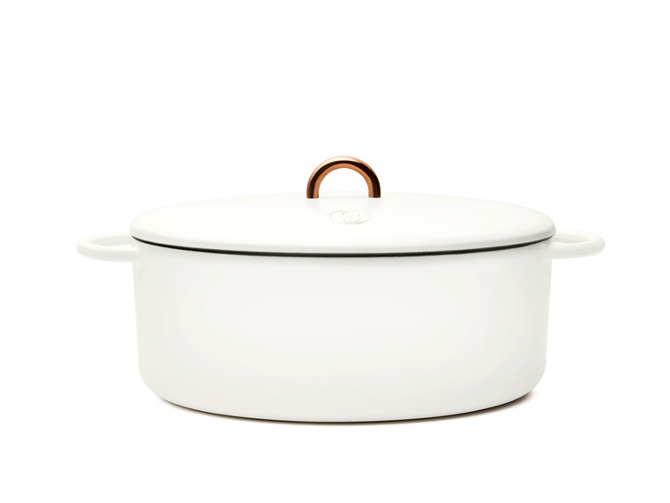Enameled cast-iron Dutch oven in salt white - side view with lid