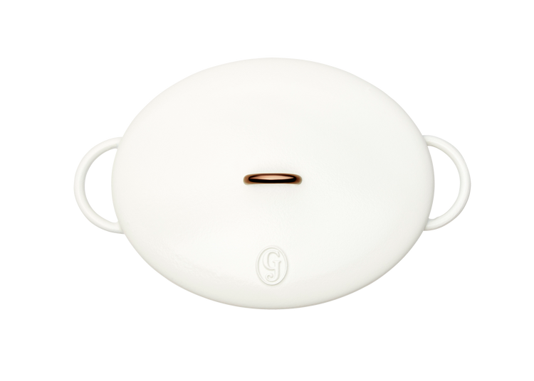 Enameled cast-iron Dutch oven in salt white - top down view with lid